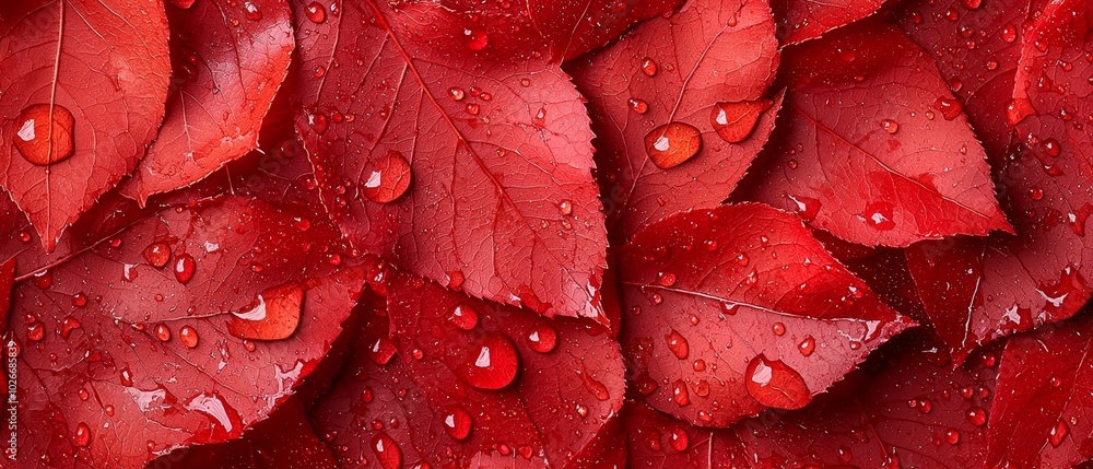 Fototapeta premium Red leaves with water drops