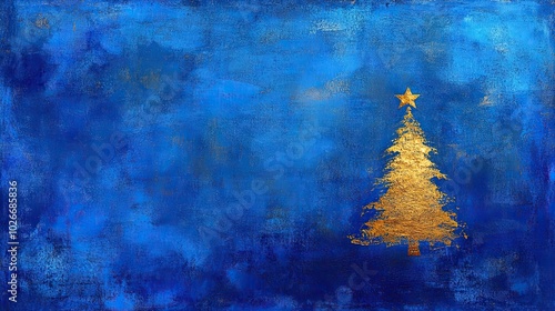 Christmas tree in gold print on blue background. Drawing with paste or sheets of potal. Illustration for cover, postcard, card, invitation, interior design, brochure or presentation. photo