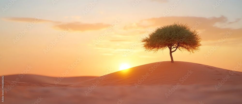 A solitary tree atop a sandy desert hill as the sun sets behind A solitary tree atop a sandy desert hill as the sun sets behind