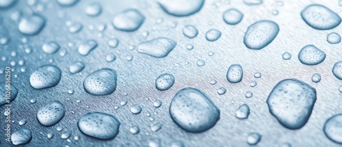  A close-up of water droplets on a metal surface against a blue sky backdrop, with a lighter blue hue for the sky