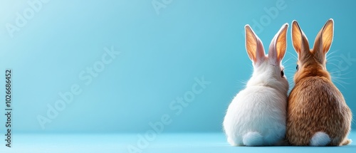  Two rabbits seated side by side on a blue prop, against a matching backdrop photo