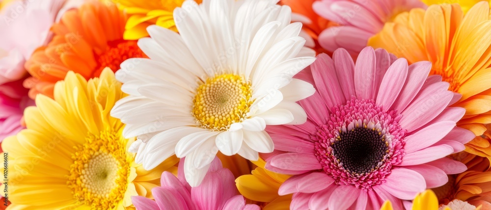 A tight shot of various colored blooms, with their centers clustered at picture's heart A tight shot of various colored blooms, with their centers clustered at picture's heart