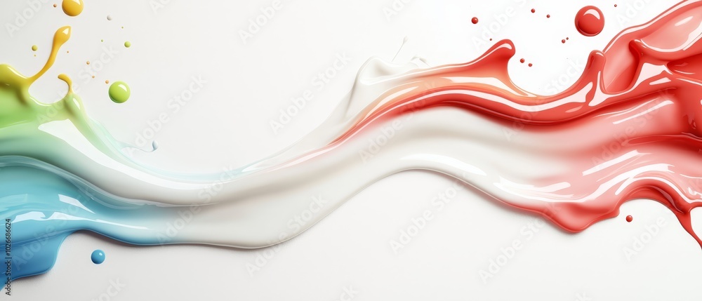 A multicolored liquid dripping down a pristine white wall, forming droplets atop each bead as it descends A multicolored liquid dripping down a pristine white wall, forming droplets atop each bead as it descends