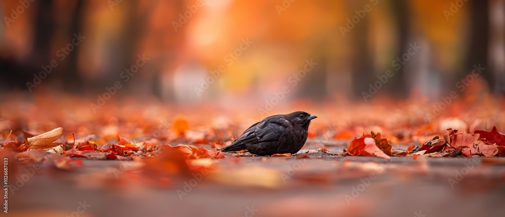 Obraz premium A black bird perches atop a leaf pile near a vibrant forest of red and yellow leaves