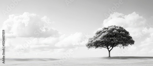  A monochrome image of a solitary tree against an open field, surrounded by a cloud-filled sky