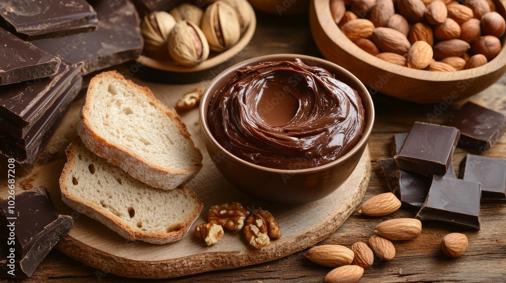 Spread, bread, nuts, choc on table Spread, bread, nuts, choc on table
