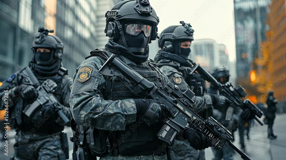 A group of police officers in full tactical gear patrol the city streets A group of police officers in full tactical gear patrol the city streets