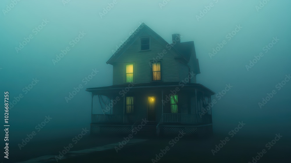 A small, haunted Victorian house standing alone at the end of a foggy cul-de-sac