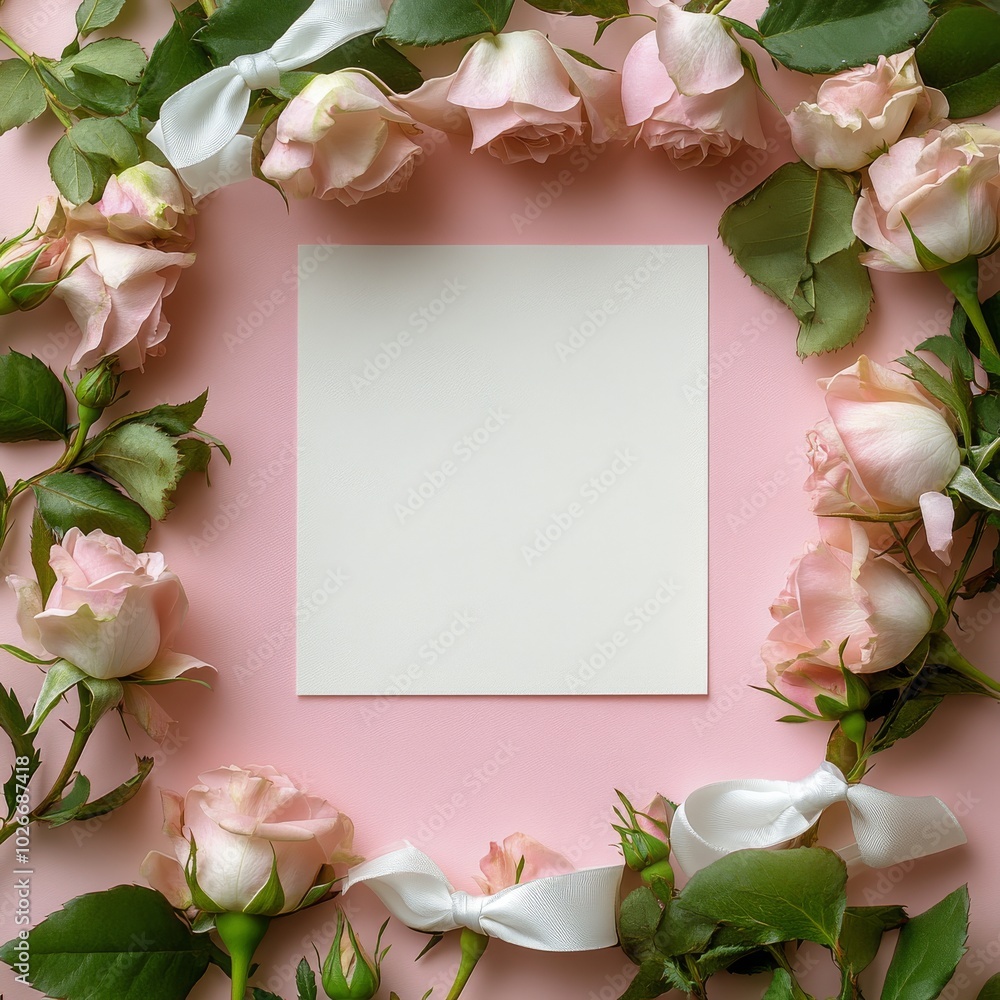 A serene arrangement of pink roses framing a blank card with white bows on a soft background A serene arrangement of pink roses framing a blank card with white bows on a soft background