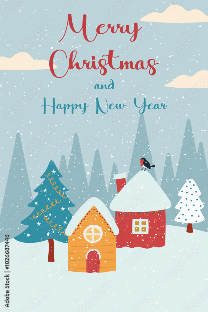 Naklejka premium Cute Christmas card with winter theme. Winter forest with snowy houses and fir trees.