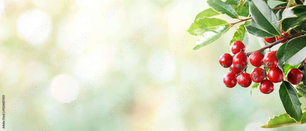 A tight shot of berries on a tree branch, adorned with green leaves, against a sunlit backdrop featuring a bolt of light in the depths A tight shot of berries on a tree branch, adorned with green leaves, against a sunlit backdrop featuring a bolt of light in the depths