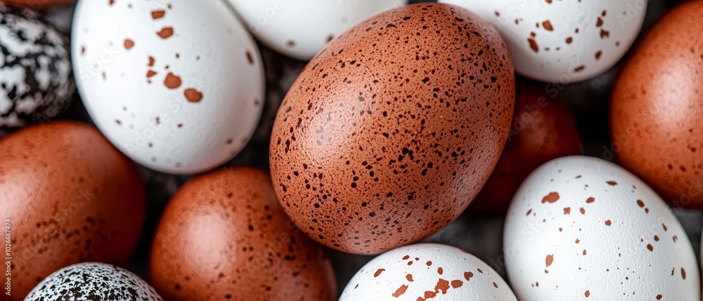 A collection of eggs with speckled brown and white eggs surrounding a central black and white speckled egg A collection of eggs with speckled brown and white eggs surrounding a central black and white speckled egg