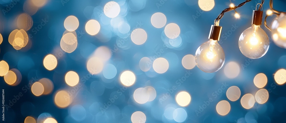 A string of light bulbs suspended from a blue and white lit background by a line of lights A string of light bulbs suspended from a blue and white lit background by a line of lights