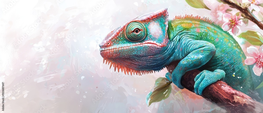 A chromeleon perched on a tree branch, surrounded by pink flowers in the foreground A chromeleon perched on a tree branch, surrounded by pink flowers in the foreground