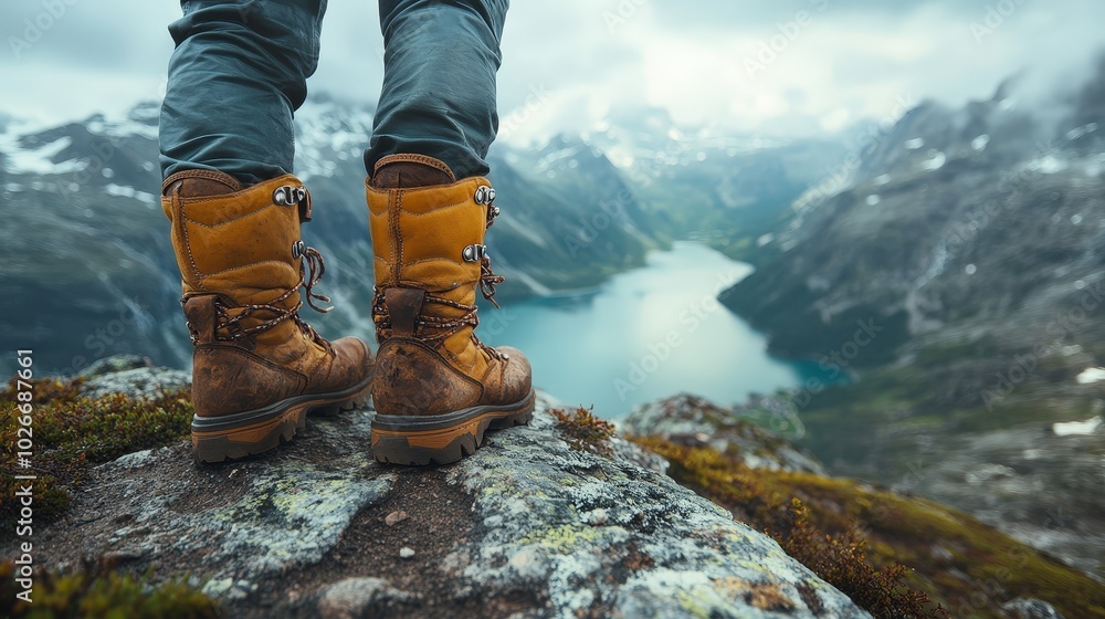 Adventurous Hiker Standing on Mountain Top with Lake View - High-Quality Product Photography Adventurous Hiker Standing on Mountain Top with Lake View - High-Quality Product Photography