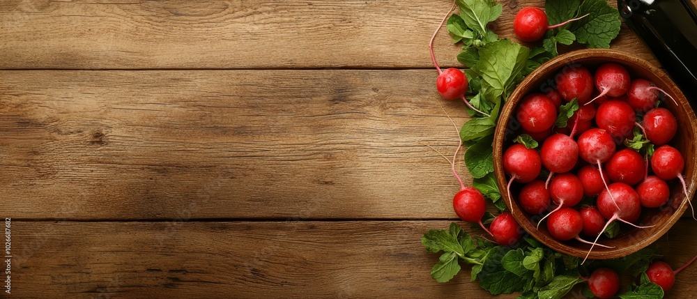 A wooden table holds a red radish-filled bowl and a wine bottle A wooden table holds a red radish-filled bowl and a wine bottle