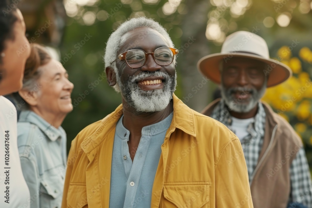 Group of diverse senior friends standing in a park smiling and having fun Group of diverse senior friends standing in a park smiling and having fun