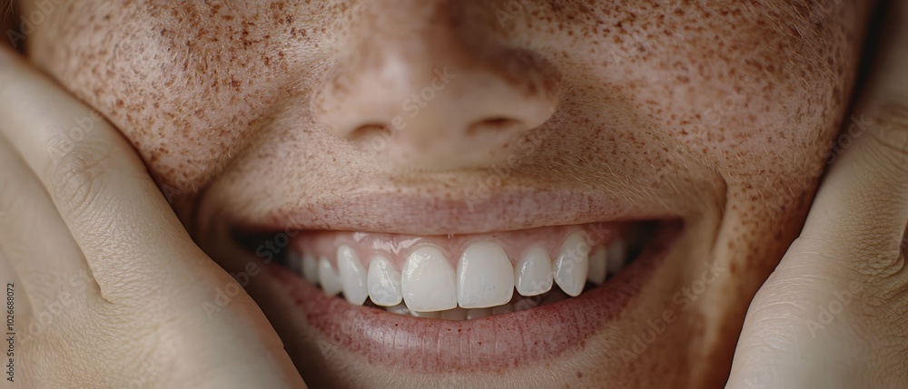 Obraz premium A tight shot of a woman's face with sunspots on her teeth and hands