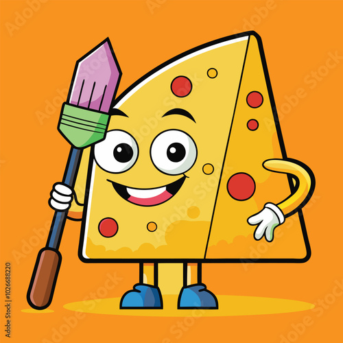 A Cheese Illustration with cute eyes, cheese tower, wedge, melting edges, riding a skateboard