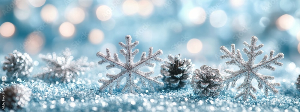 Silver snowflakes and pinecones resting on shimmering blue surface during winter celebration Silver snowflakes and pinecones resting on shimmering blue surface during winter celebration