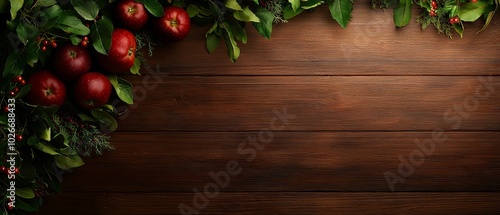  A wooden table, laden with numerous green leaves and red apples Nearby, a wooden board bears red berries