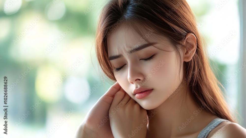 Young woman holding her face, experiencing discomfort or pain, with eyes closed. Young woman holding her face, experiencing discomfort or pain, with eyes closed.
