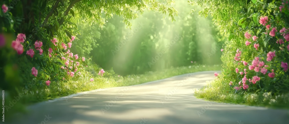 Fototapeta premium A light gleans through tree leaves over a secluded forest road, encircled by verdant foliage