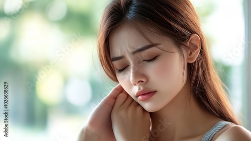 Young woman holding her face, experiencing discomfort or pain, with eyes closed.