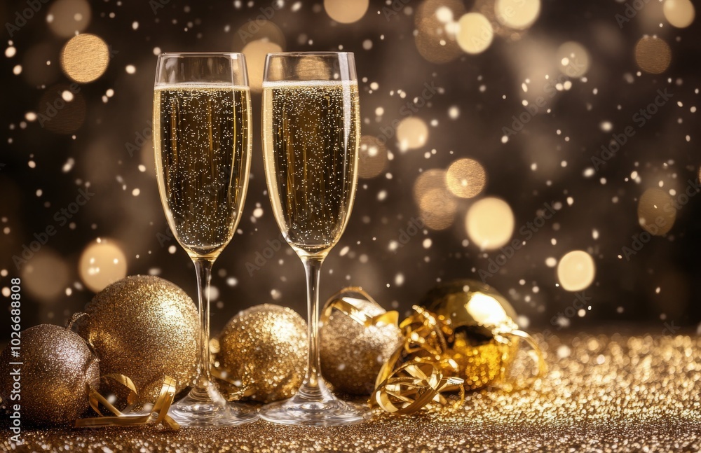 Celebratory toast with sparkling champagne and festive decorations during a New Years celebration Celebratory toast with sparkling champagne and festive decorations during a New Years celebration