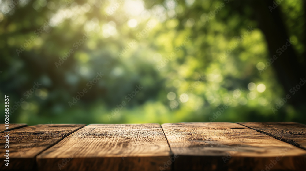 Rustic Wooden Table with Greenery Bokeh Background for Outdoor Product Display Rustic Wooden Table with Greenery Bokeh Background for Outdoor Product Display