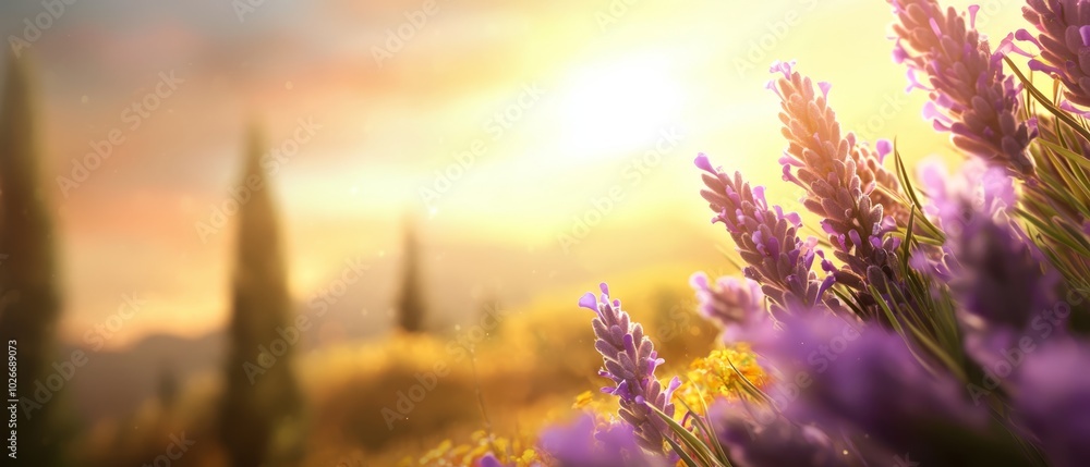 A painting of a lavender field under sunlight filtering through clouds above trees A painting of a lavender field under sunlight filtering through clouds above trees