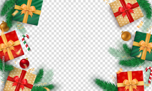 3d traditional gift boxes, golden confetti, striped candy cane and green pine or Xmas tree branches on transparent background with copy space for Christmas and New Year. Festive winter holiday banner