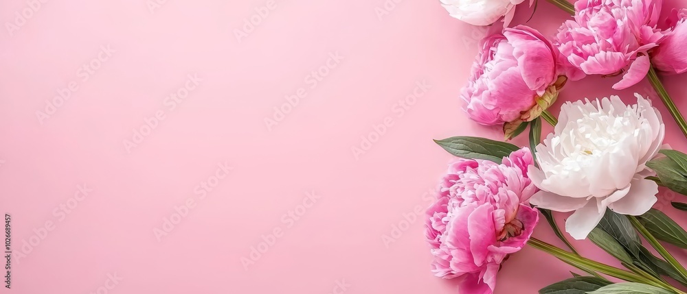 A pink background elegantly showcases a bouquet of pink and white peonies, ready for text or image insertion A pink background elegantly showcases a bouquet of pink and white peonies, ready for text or image insertion