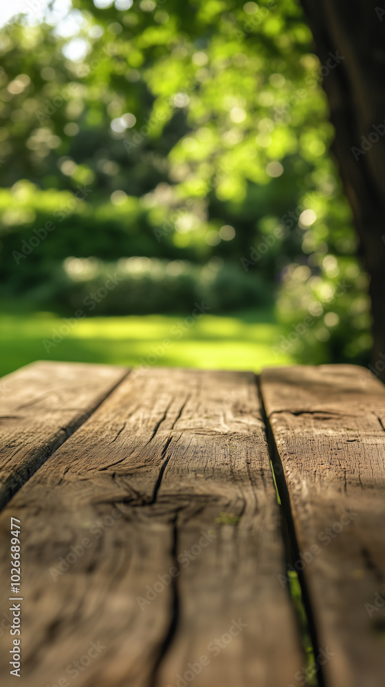 Rustic Wooden Table with Greenery Bokeh Background for Outdoor Product Display Rustic Wooden Table with Greenery Bokeh Background for Outdoor Product Display