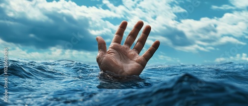  Hand emerging from water against a backdrop of blue sky and white clouds