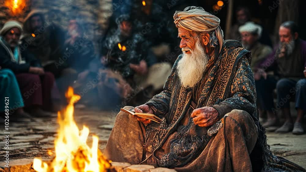 An elderly man reads a book by a fire, surrounded by others, in a village in the mountains An elderly man reads a book by a fire, surrounded by others, in a village in the mountains