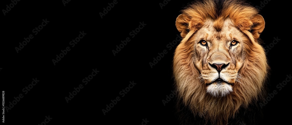 A lion's face in close-up against a black backdrop, mirrored by its expressive eyes in the reflection A lion's face in close-up against a black backdrop, mirrored by its expressive eyes in the reflection