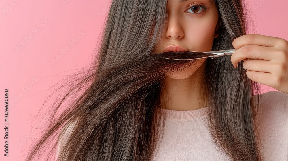 Young woman with long dark hair holding a comb to her mouth against a pink background. Young woman with long dark hair holding a comb to her mouth against a pink background.