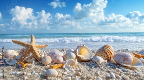 A beach scene with scattered seashells and starfish on the sandy shore under a blue sky.