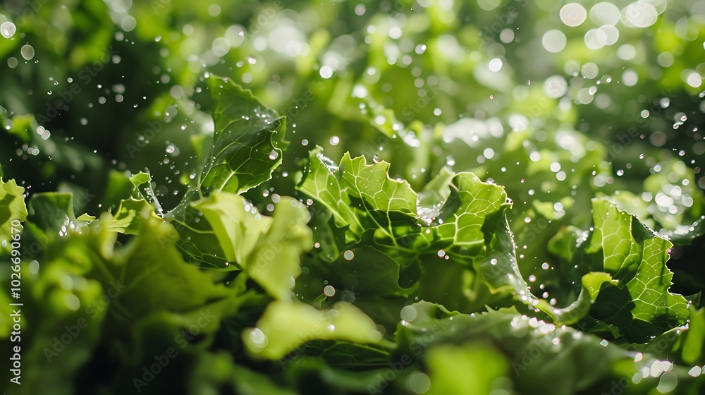 A bed of crisp green salad leaves sprinkled with water A bed of crisp green salad leaves sprinkled with water