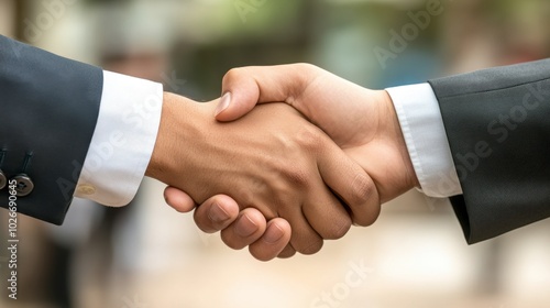 A business team shaking hands after reaching an agreement, celebrating a successful collaboration.