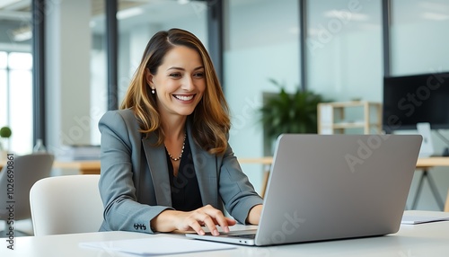 Happy busy mature business woman entrepreneur in office using laptop at work