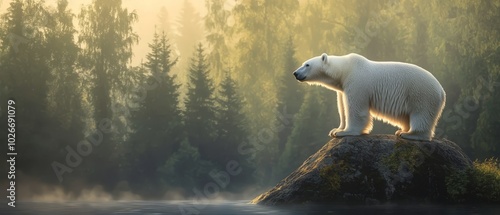  A polar bear atop a boulder in a forest, bordering a waterbody