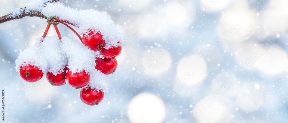 A branch laden with berries amidst snowfall; each fruit crowned with a snowflake A branch laden with berries amidst snowfall; each fruit crowned with a snowflake