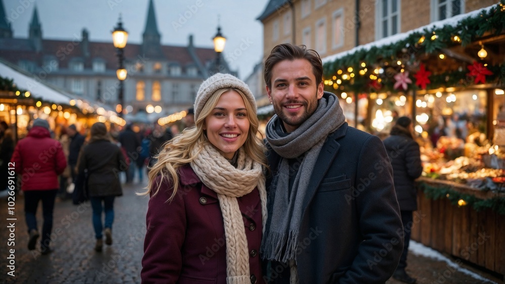 Smiling couple enjoying a festive evening at a Christmas market with lights and decorations Smiling couple enjoying a festive evening at a Christmas market with lights and decorations