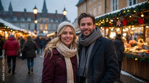 Smiling couple enjoying a festive evening at a Christmas market with lights and decorations