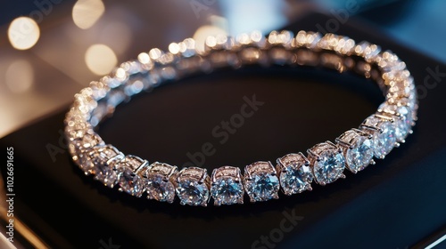 A close-up of a diamond-encrusted bracelet lying flat on a luxury display case.