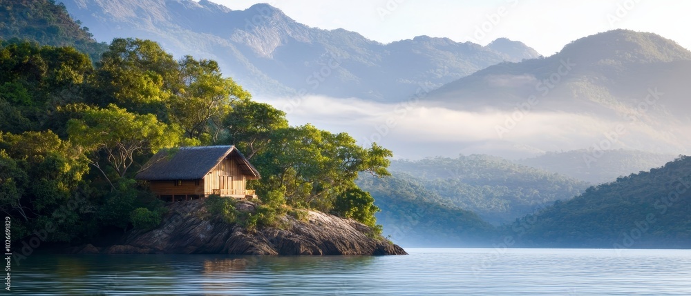 A house atop a small island, surrounded by water, boasts mountains as a picturesque backdrop A house atop a small island, surrounded by water, boasts mountains as a picturesque backdrop
