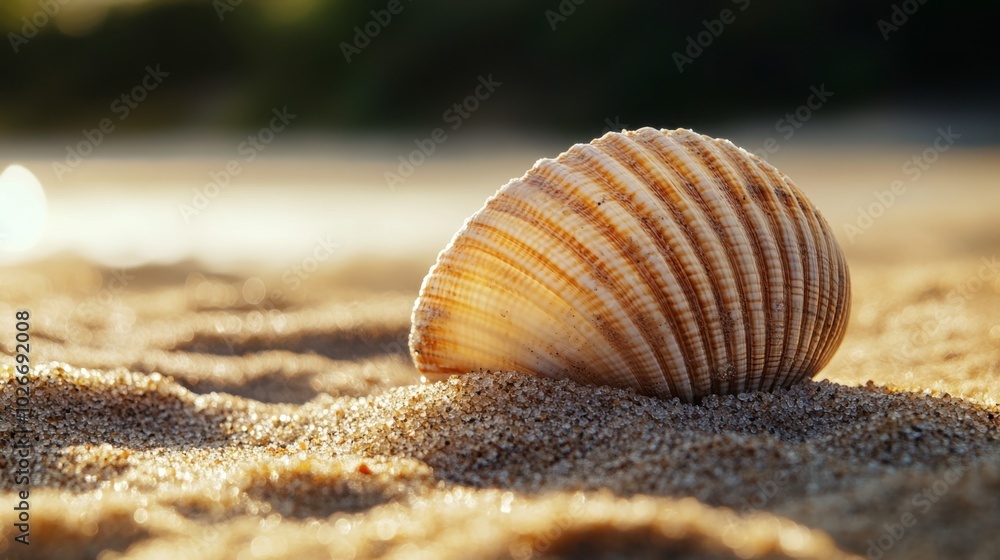A close-up of a single clam shell sitting on a textured sandy beach, with tiny grains of sand clinging to it. A close-up of a single clam shell sitting on a textured sandy beach, with tiny grains of sand clinging to it.