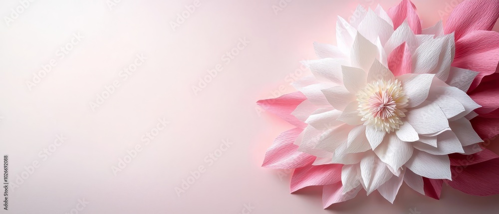 A pink and white paper flower, tightly framed against a harmonizing pink background Insert text or image here ..OR..Close-up of A pink and white paper flower, tightly framed against a harmonizing pink background Insert text or image here ..OR..Close-up of